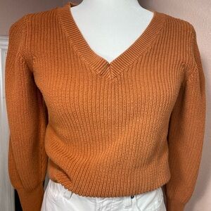 LOFT Outlet Rust Orange Ribbed V-Neck Sweater Size XS Cozy Fall Knit Pullover